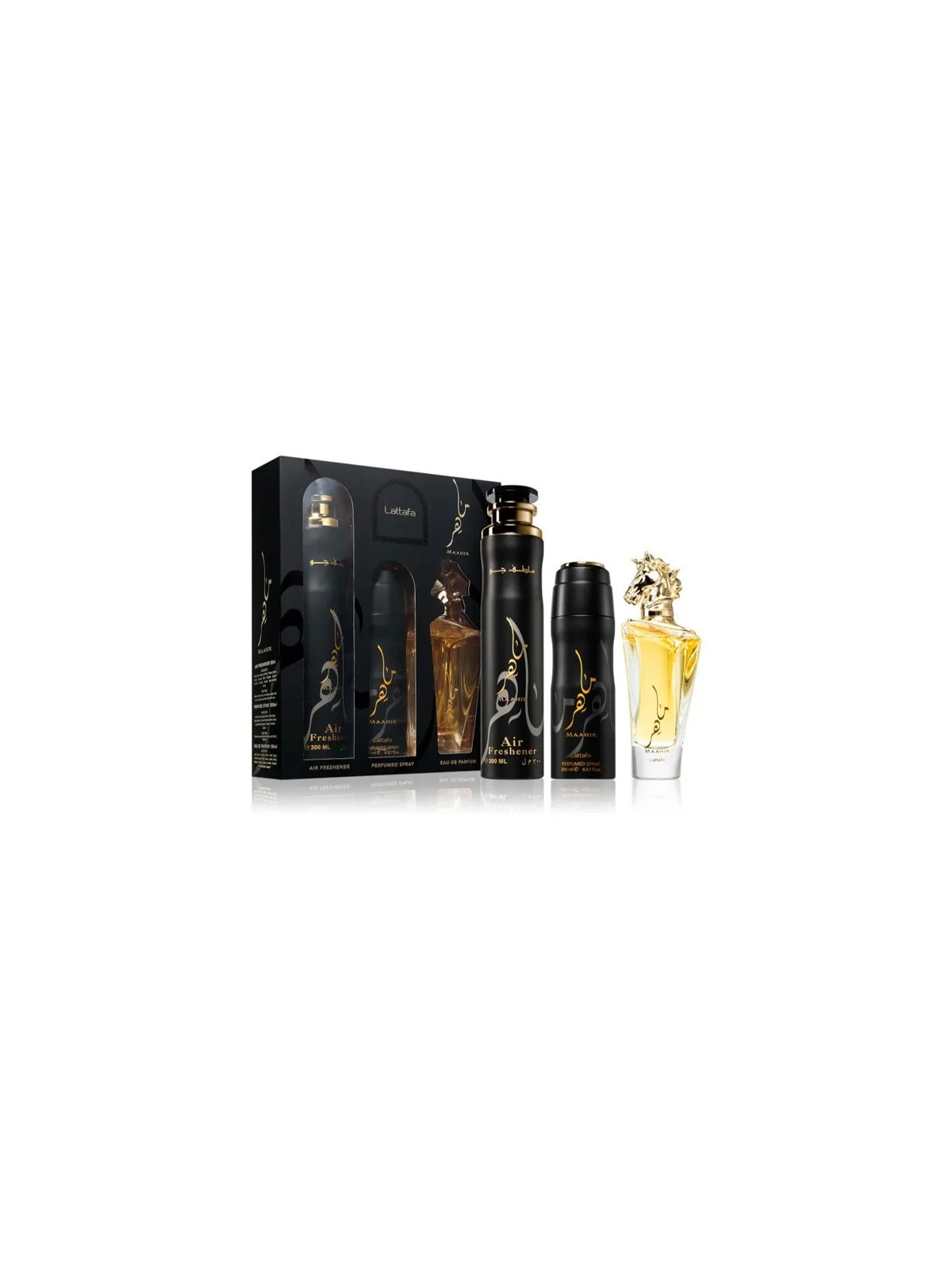 Lattafa Maahir Coffret Eau De Parfum 100ml + Déodorant 200ml + Spray D'Ambiance 300ml