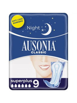 Ausonia Serviettes Hygiéniques Nuit Super Plus 9 unités